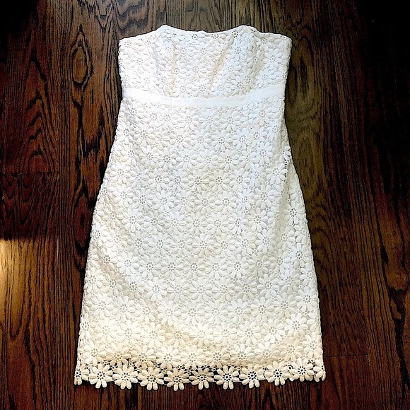 LILLY PULITZER White Strapless Lace Dress With Organza Ribbon Detail Sz 8 - Picture 1 of 9